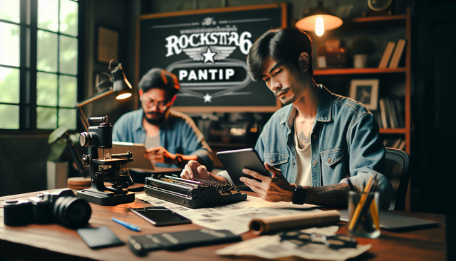 alt_text: ถ่ายภาพสมจริงของผู้ใหญ่ไทยรีวิว 'rockstar66 pantip' ที่โต๊ะทำงานพร้อมสมาร์ทโฟน