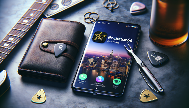Photorealistic cover for "rockstar66 True Wallet": smartphone, leather wallet, guitar pick, city skyline.