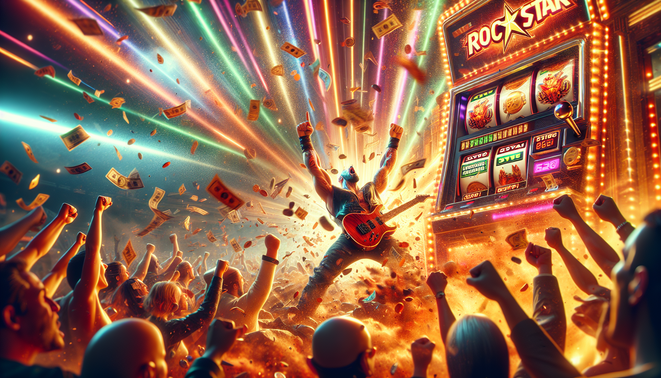 alt_text: "Realistic cover for 'rockstar66' slot game featuring a winning scene with vibrant colors and effects."