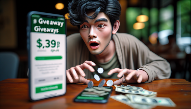 A Thai adult at a café, surprised by a giveaway app on their phone with cash and coins on the table.