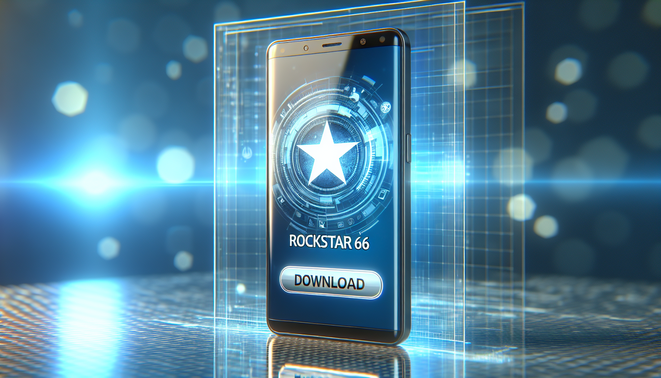 alt_text: สมาร์ทโฟนขนาดใหญ่โชว์ไอคอน "rockstar66" และปุ่มดาวน์โหลดในบรรยากาศเทคโนโลยี.