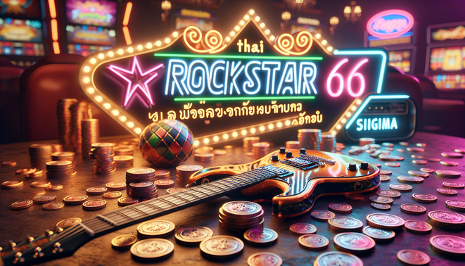 alt_text: Neon sign "rockstar66" with Thai promo text, electric guitar, coins, and vibrant casino atmosphere.