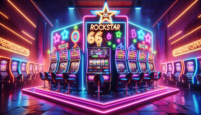 alt_text: Vibrant slot machine scene for "rockstar66" promotion, featuring neon accents and dynamic elements.
