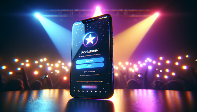 Photorealistic close-up of a smartphone showing "rockstar66" signup on stage with vibrant lights.