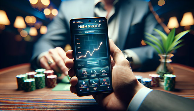 alt_text: รายละเอียดภาพปกเกม: ผู้ใหญ่ถือสมาร์ทโฟนที่โต๊ะไม้ แสดงกราฟกำไรในบรรยากาศคาสิโน.