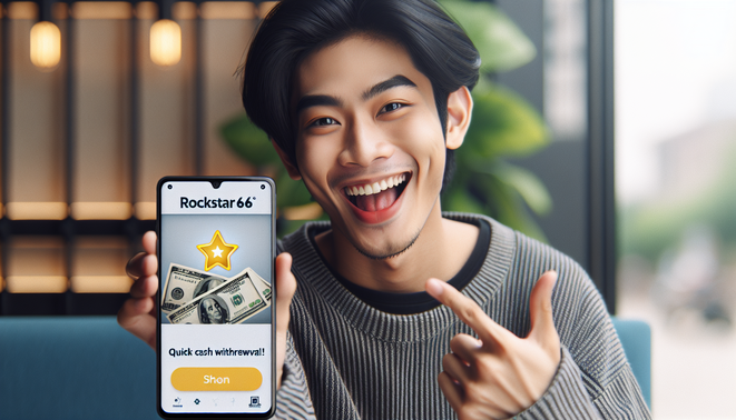 alt_text: Young Thai adult smiles, holding a smartphone with "rockstar66" app, depicting quick cash withdrawal.
