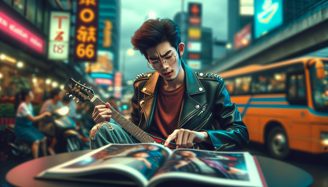 Charismatic young Thai adult in rockstar style, exploring "rockstar66" in a vibrant urban setting.
