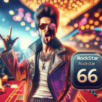 A dazzling rockstar promotes the "rockstar66" app in a vibrant casino-themed cover image.