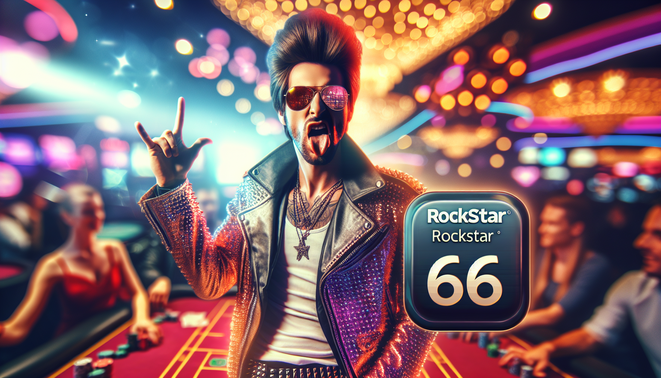 A dazzling rockstar promotes the "rockstar66" app in a vibrant casino-themed cover image.