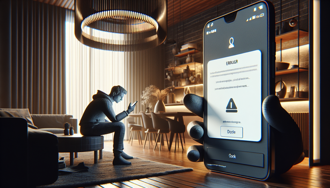"Smartphone shows 'rockstar66' app error; user frustrated in a modern home setting. Dramatic lighting."