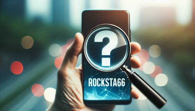 A blurred smartphone screen displays "rockstar66," with a magnifying glass and question mark overlay, exploring its legitimacy.