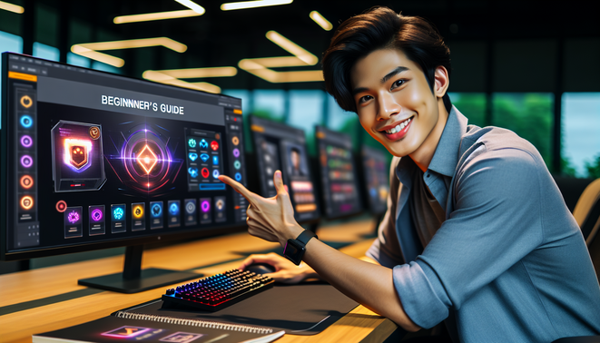 A confident young Thai person at a modern desk, showcasing a game interface with vibrant details.