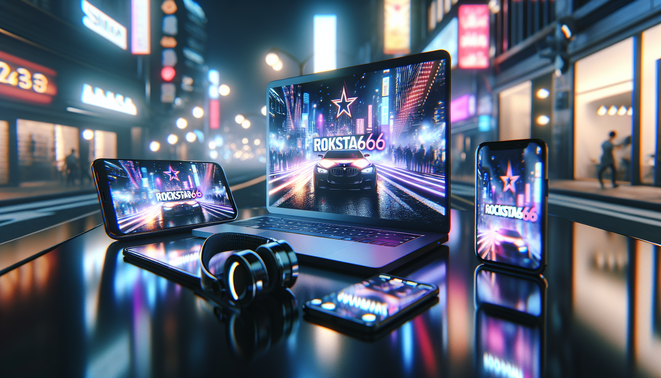 alt_text: "Sleek smartphones and laptop showcasing 'rockstar66 เข้าสู่ระบบ' in a stylish urban night setting."