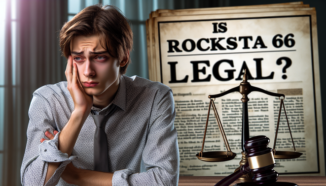 alt_text: Realistic magazine cover questioning "Is rockstar66 legal?" with a worried young adult and justice theme.