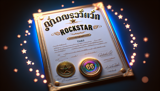 alt_text: A photorealistic certificate featuring "rockstar66" title, holographic seal, and elegant Thai text.