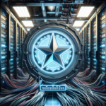 alt_text: Tech gaming brand cover with metallic star emblem, Thai text, server room background, neon glow.