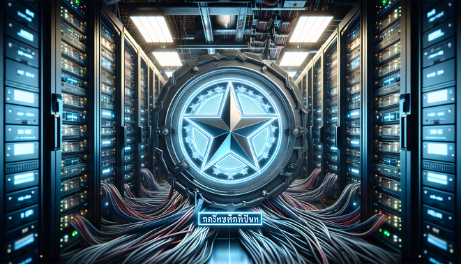 alt_text: Tech gaming brand cover with metallic star emblem, Thai text, server room background, neon glow.