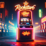 Cinematic cover featuring a vibrant slot machine and neon text for "รวมค่ายสล็อตดังใน rockstar66".