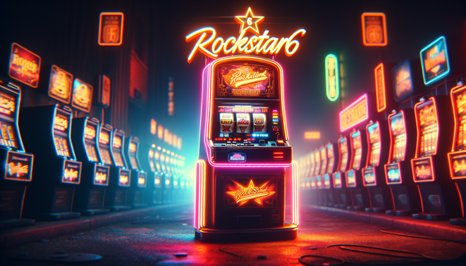 Cinematic cover featuring a vibrant slot machine and neon text for "รวมค่ายสล็อตดังใน rockstar66".