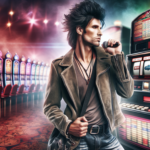 alt_text: Rockstar exudes charisma in front of a slot machine, blending rock vibes with casino excitement.