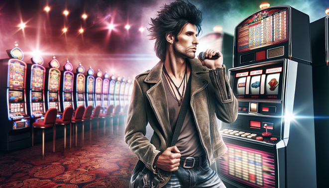 alt_text: Rockstar exudes charisma in front of a slot machine, blending rock vibes with casino excitement.